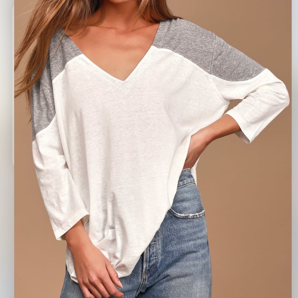 Free People Major Leagues Grey and White Baseball Tee
